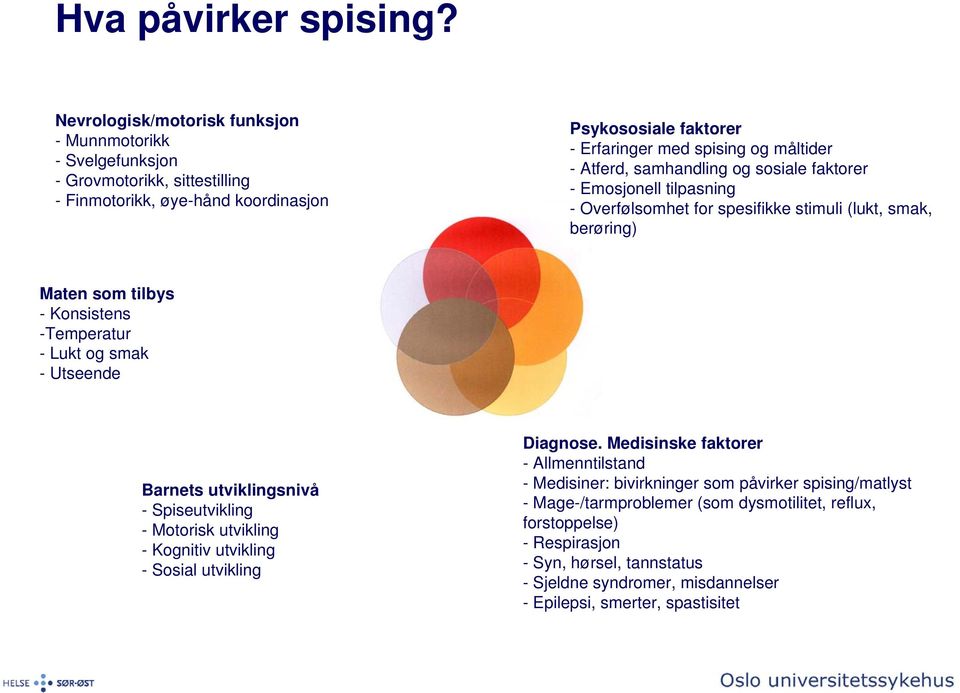 Atferd, samhandling og sosiale faktorer - Emosjonell tilpasning - Overfølsomhet for spesifikke stimuli (lukt, smak, berøring) Maten som tilbys - Konsistens -Temperatur - Lukt og smak - Utseende