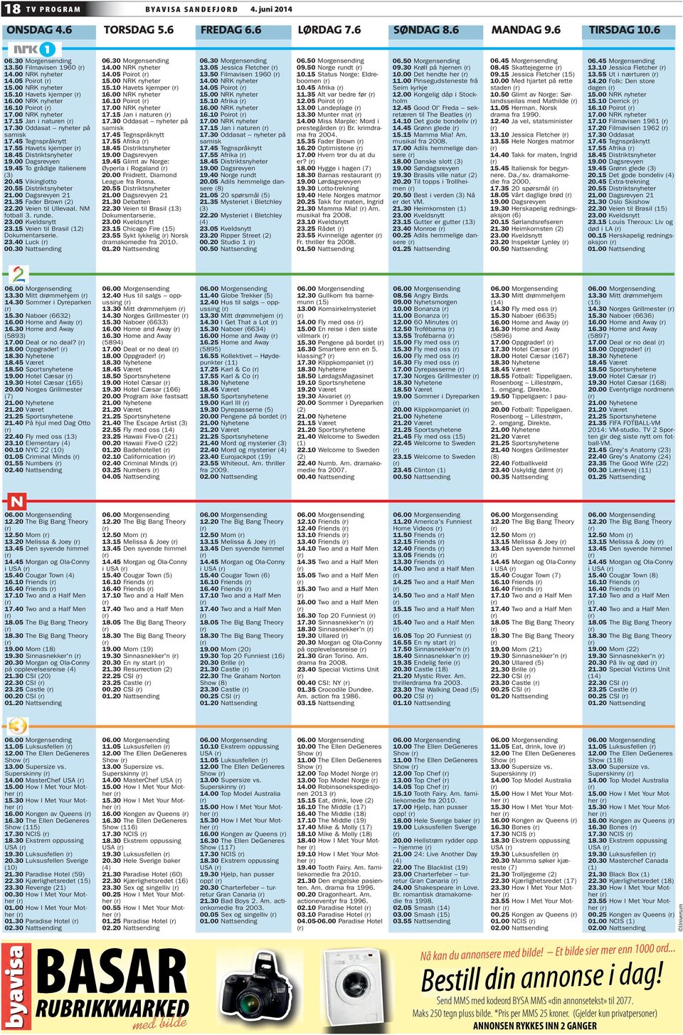 45 Distriktsnyheter 19.00 Dagsrevyen 19.45 To grådige italienere (3) 20.45 Vikinglotto 20.55 Distriktsnyheter 21.00 Dagsrevyen 21 21.35 Fader Brown (2) 22.20 Veien til Ullevaal. NM fotball 3. runde.