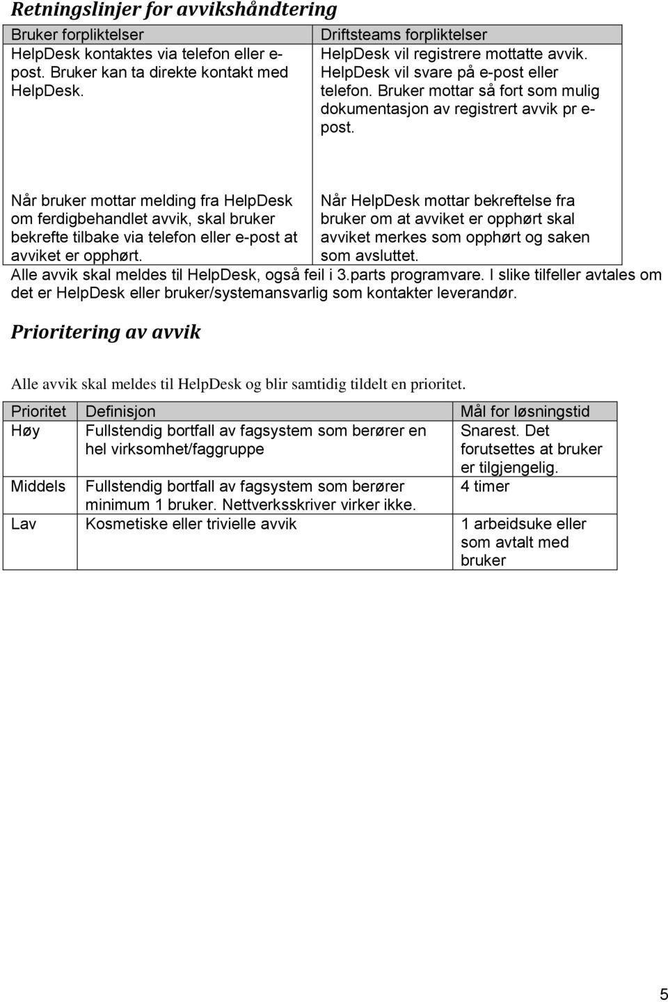 Når bruker mottar melding fra HelpDesk om ferdigbehandlet avvik, skal bruker bekrefte tilbake via telefon eller e-post at avviket er opphørt.