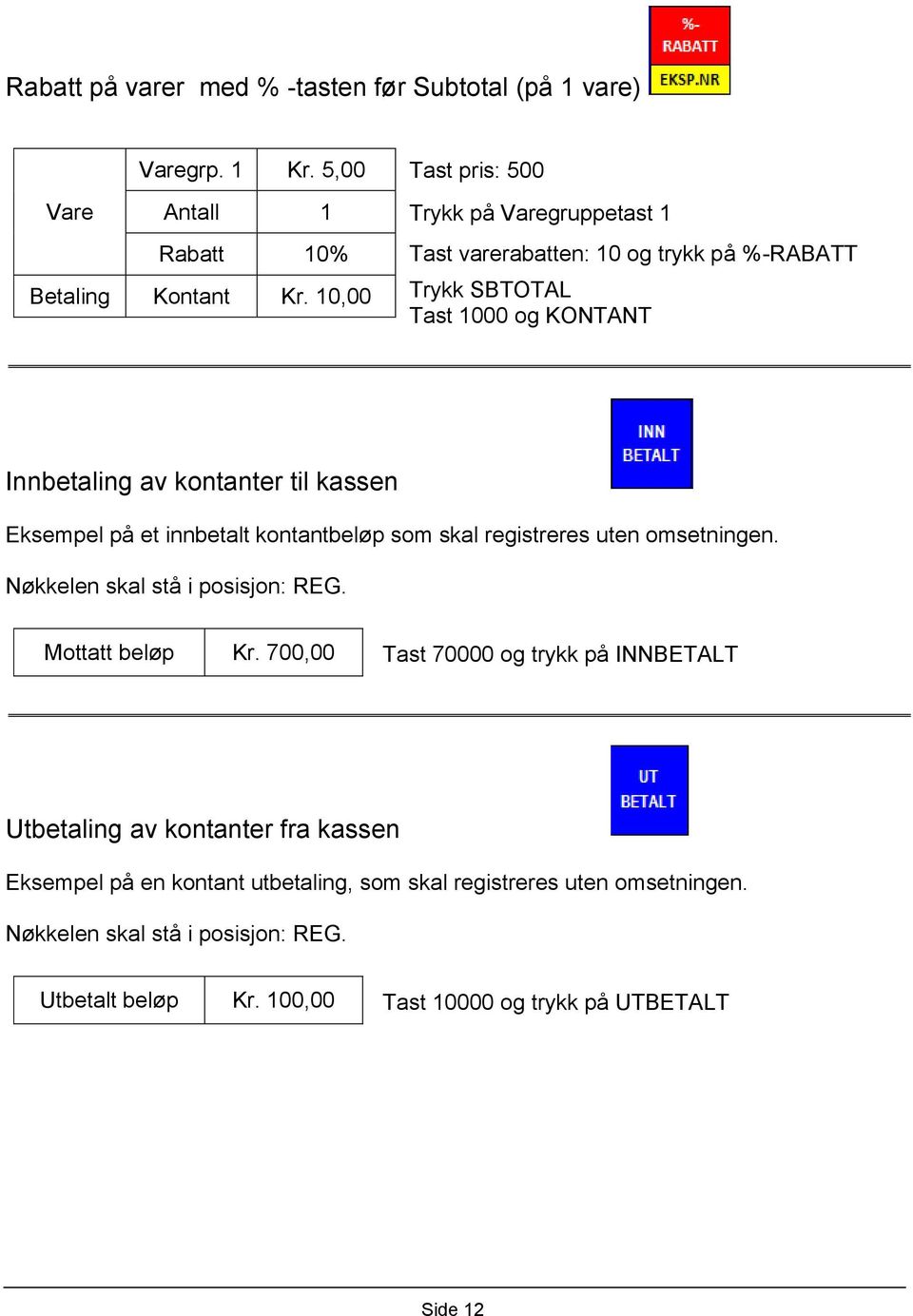 Eksempel på et innbetalt kontantbeløp som skal registreres uten omsetningen. Nøkkelen skal stå i posisjon: REG. Mottatt beløp Kr.