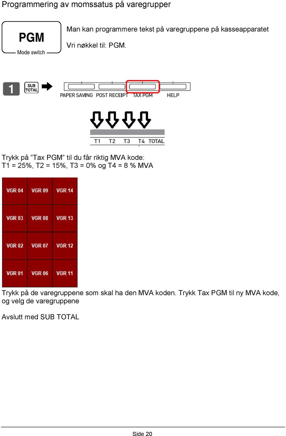 Trykk på Tax PGM til du får riktig MVA kode: T1 = 25%, T2 = 15%, T3 = 0% og T4 = 8 %