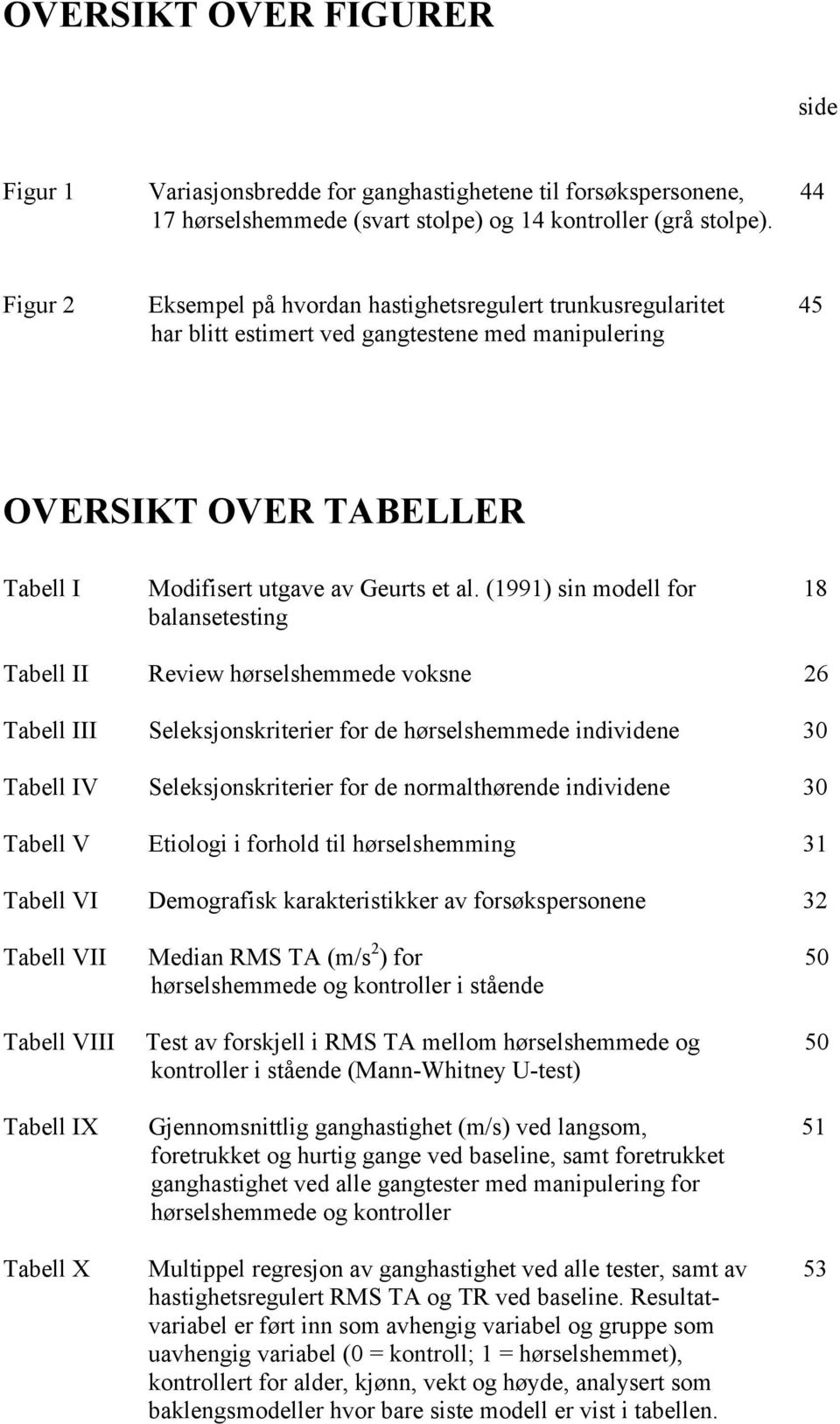(1991) sin modell for 18 balansetesting Tabell II Review hørselshemmede voksne 26 Tabell III Seleksjonskriterier for de hørselshemmede individene 30 Tabell IV Seleksjonskriterier for de