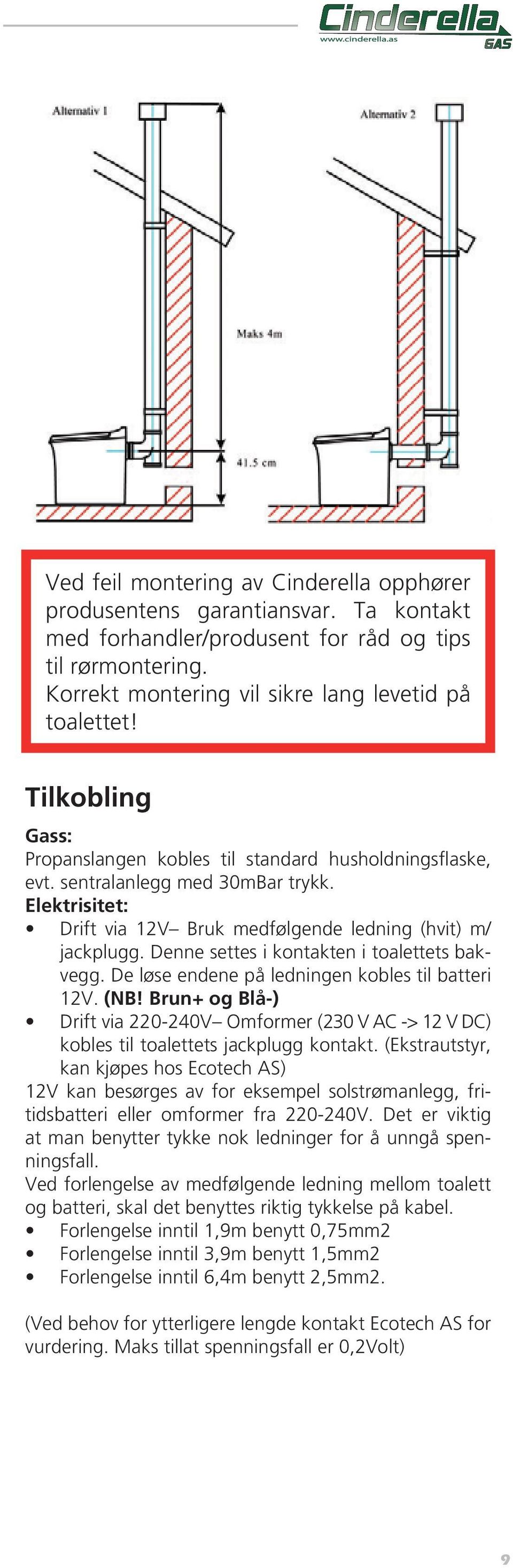 Denne settes i kontakten i toalettets bakvegg. De løse endene på ledningen kobles til batteri 12V. (NB!