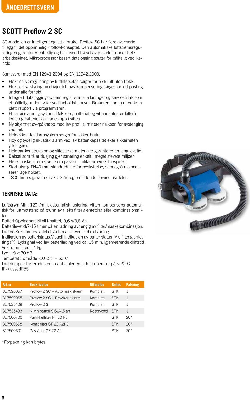 Samsvarer med EN 12941:2004 og EN 12942:2003. Elektronisk regulering av lufttilførselen sørger for frisk luft uten trekk.