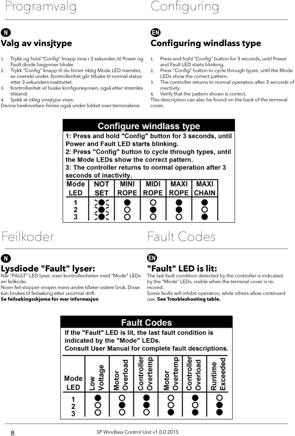 . Kontrollenhet vil huske konfigurasjonen, også etter strømløs tilstand. 4. Sjekk at riktig vinsjtype vises. Denne beskrivelsen finnes også under lokket over terminalene. Configuring windlass type 1.