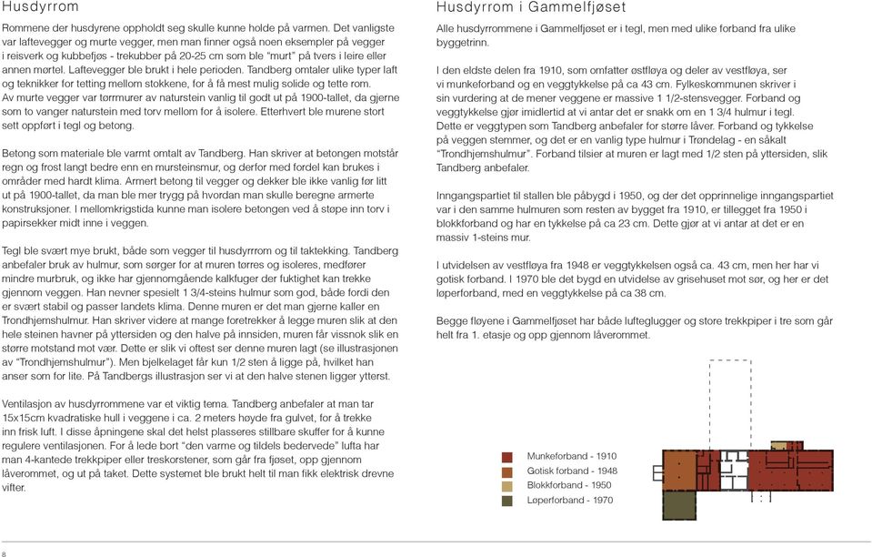 Laftevegger ble brukt i hele perioden. Tandberg omtaler ulike typer laft og teknikker for tetting mellom stokkene, for å få mest mulig solide og tette rom.