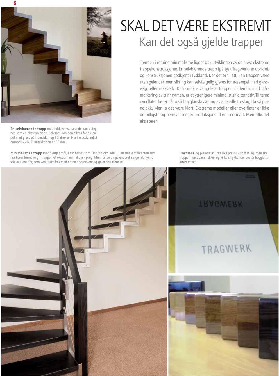 Trenden i retning minimalisme ligger bak utviklingen av de mest ekstreme trappekonstruksjoner. En selvbærende trapp (på tysk Tragwerk) er utviklet, og konstruksjonen godkjent i Tyskland.