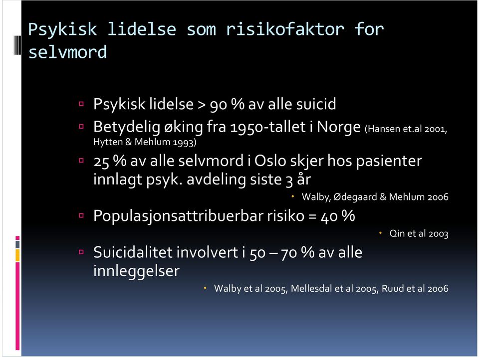 al 2001, Hytten & Mehlum 1993) 25 % av alle selvmord i Oslo skjer hos pasienter innlagt psyk.