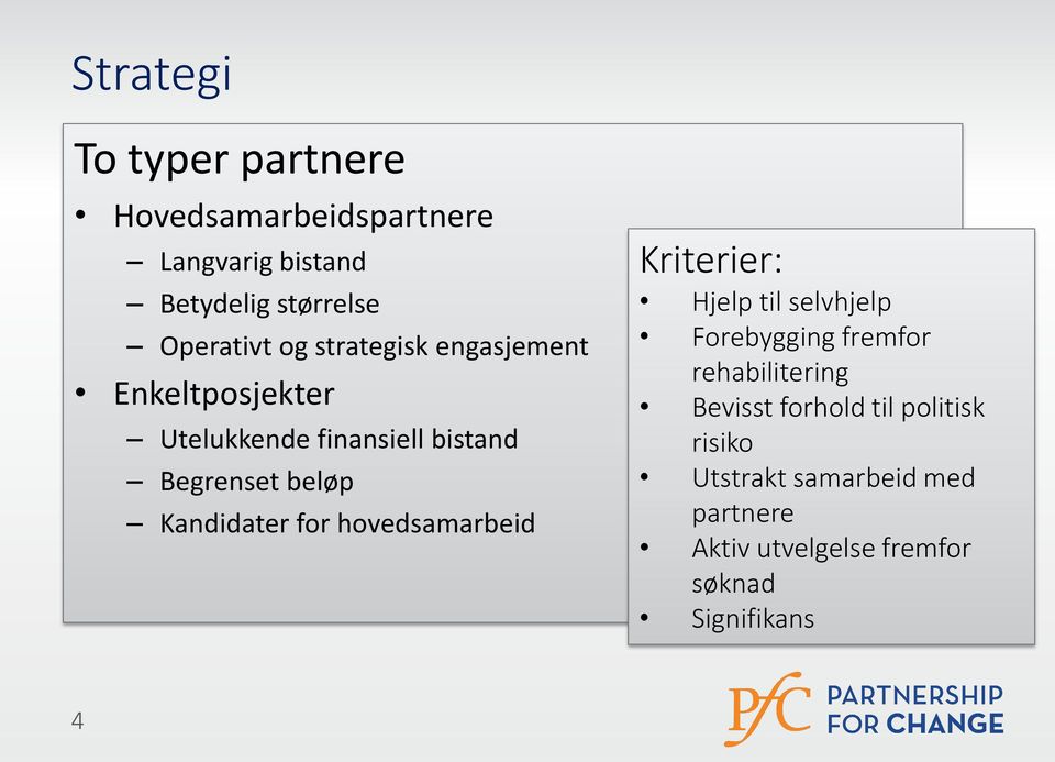 for hovedsamarbeid Kriterier: Hjelp til selvhjelp Forebygging fremfor rehabilitering Bevisst