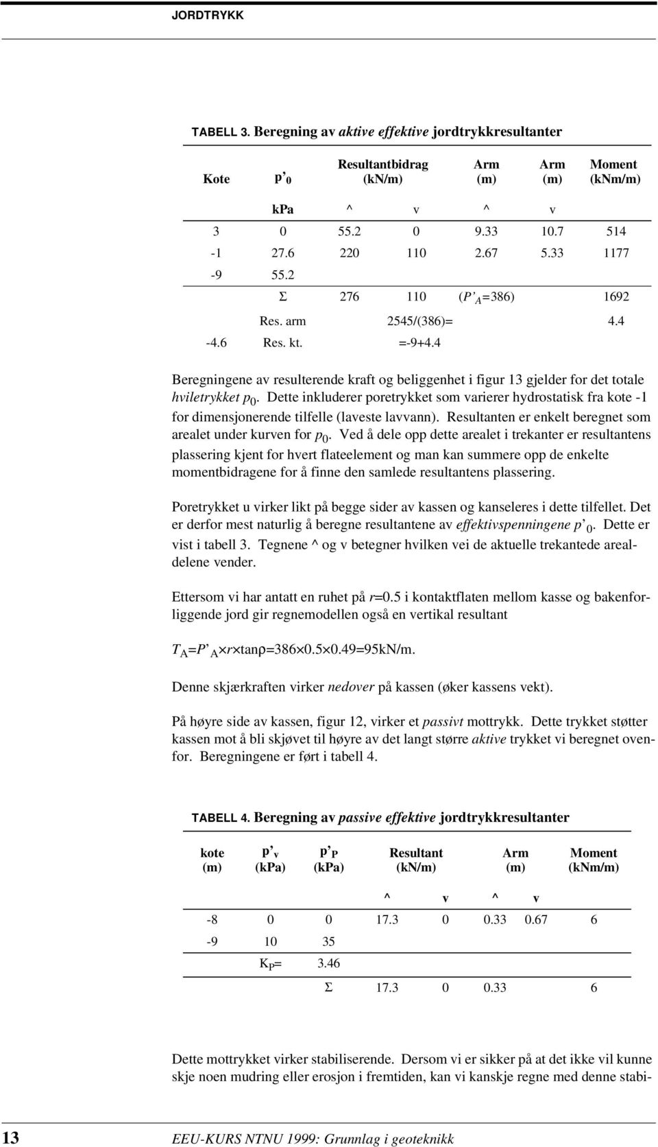 Dette inkluderer poretrykket som varierer hydrostatisk fra kote - for dimensjonerende tilfelle (laveste lavvann). Resultanten er enkelt beregnet som arealet under kurven for p 0.