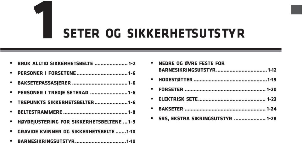 .. 1-8 HØYDEJUSTERING FOR OR SIKKERHETSBEL SBELTENE... 1-9 GRAVIDE KVINNER OG SIKKERHETSBEL SBELTE TE... 1-10 10 BARNESIKRINGSUTSTYR.