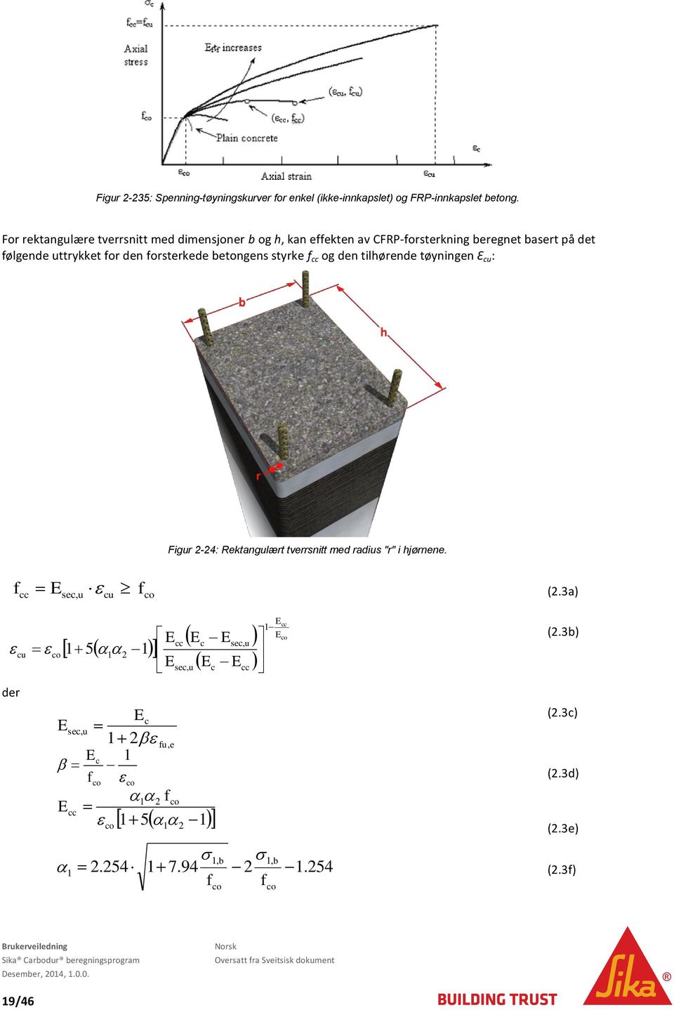 betongens styrke f cc og den tilhørende tøyningen Ɛ cu : Figur 2-24: Rektangulært tverrsnitt med radius "r" i hjørnene. f cc E sec, u cu f co (2.