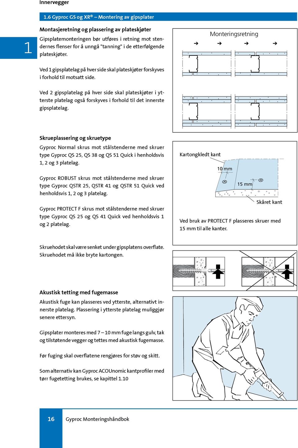 forskyves i forhold til det innerste gipsplatelag Skrueplassering og skruetype Gyproc Normal skrus mot stålstenderne med skruer type Gyproc QS 25, QS 38 og QS 5 Quick i henholdsvis, 2 og 3 platelag