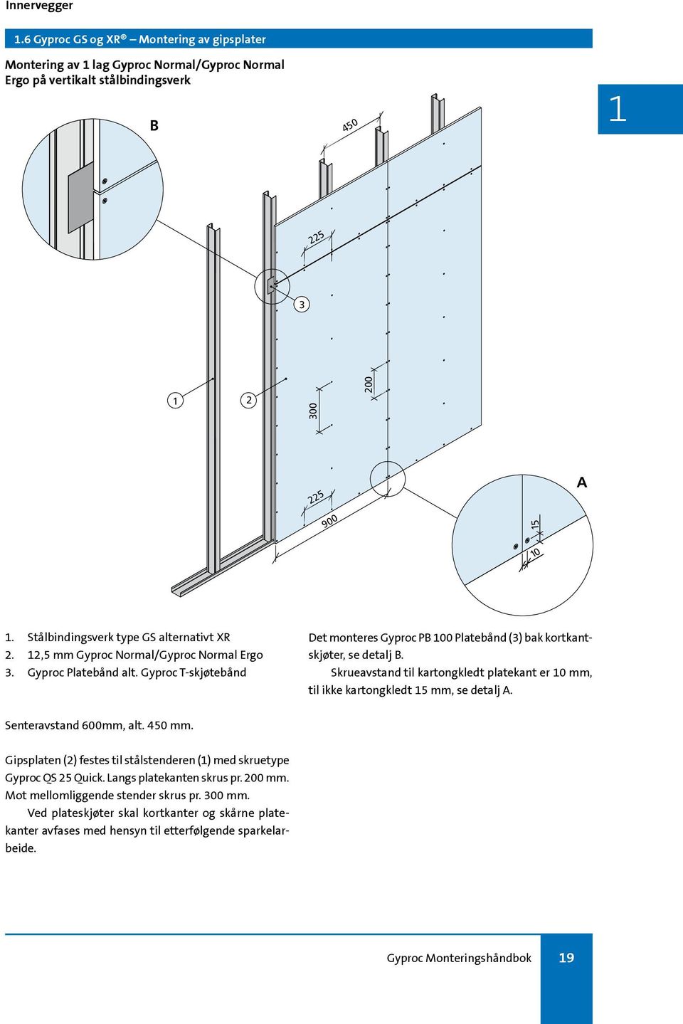 kartongkledt platekant er 0 mm, til ikke kartongkledt 5 mm, se detalj A Senteravstand 600mm, alt 450 mm Gipsplaten (2) festes til stålstenderen () med skruetype Gyproc QS 25 Quick Langs