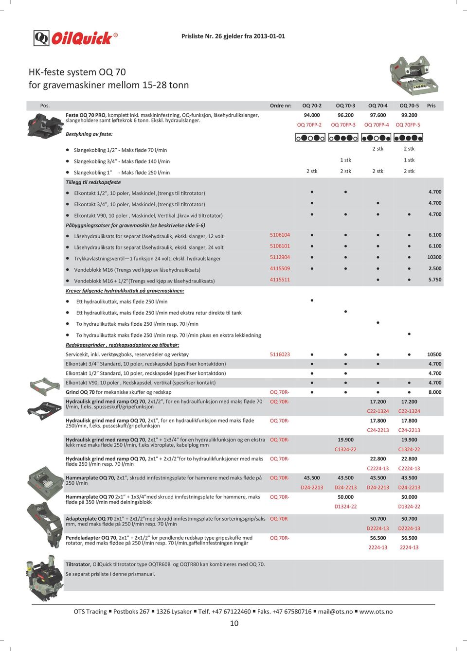 200 OQ 70FP-4 OQ 70FP-5 Pris Bestykning av feste: Slangekobling 1/2 - Maks fløde 70 l/min 1 stk Slangekobling 3/4 - Maks fløde 140 l/min Slangekobling 1 - Maks fløde 250 l/min 1 stk Tillegg til