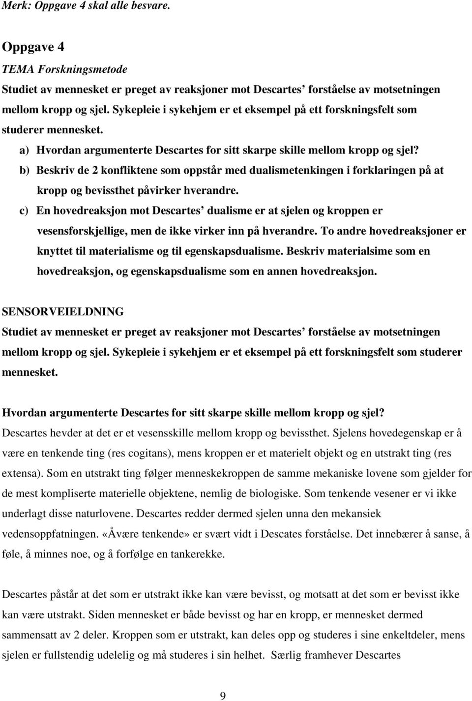 b) Beskriv de 2 konfliktene som oppstår med dualismetenkingen i forklaringen på at kropp og bevissthet påvirker hverandre.