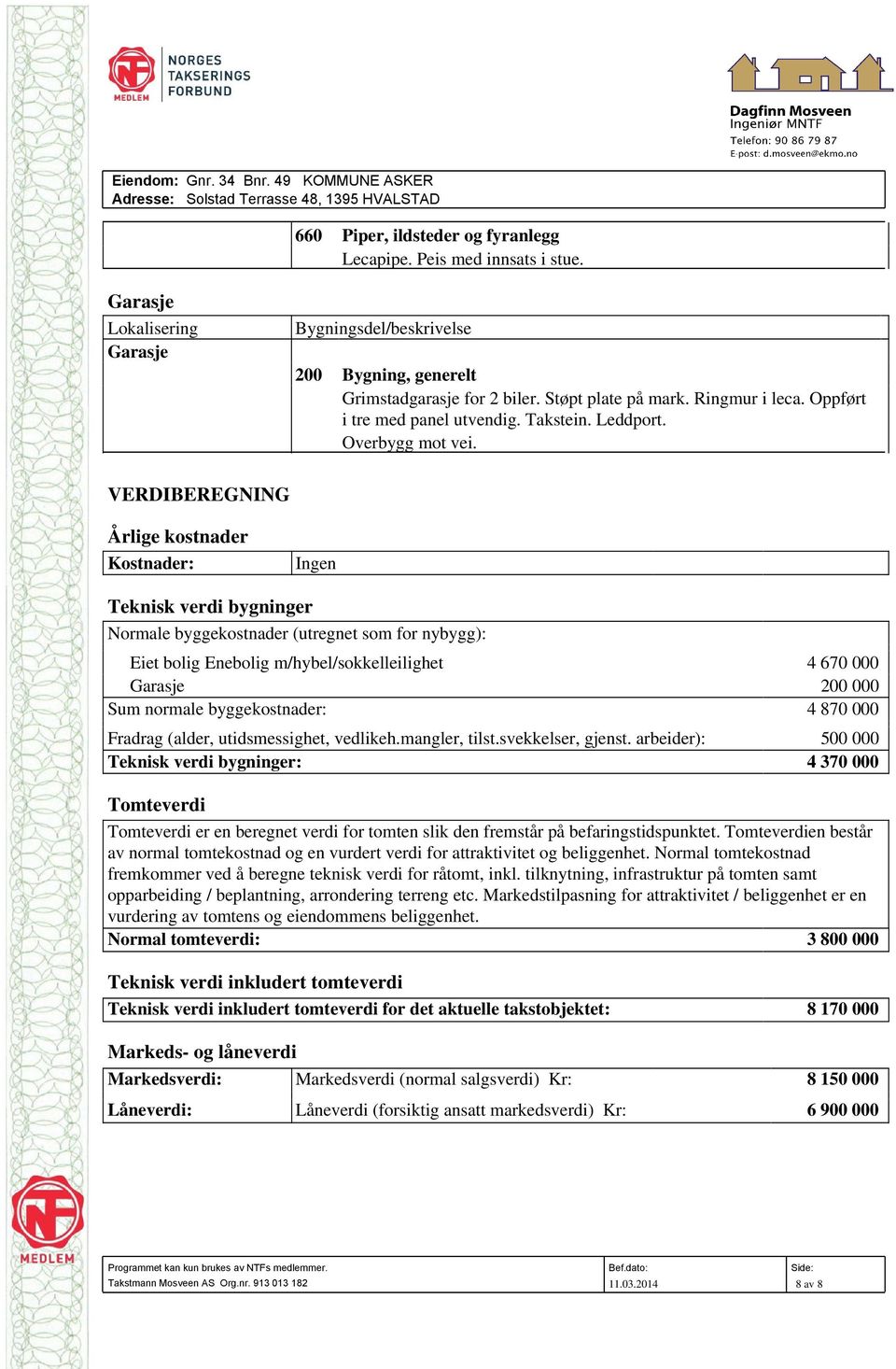 VERDIBEREGNING Årlige kostnader Kostnader: Ingen Teknisk verdi bygninger Normale byggekostnader (utregnet som for nybygg): Eiet bolig Enebolig m/hybel/sokkelleilighet 4 670 000 Garasje 200 000 Sum