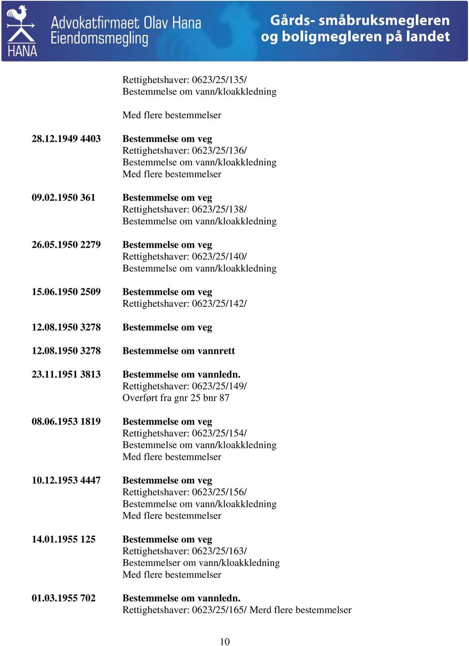 1950 3278 Bestemmelse om veg 12.08.1950 3278 Bestemmelse om vannrett 23.11.1951 3813 Bestemmelse om vannledn. Rettighetshaver: 062