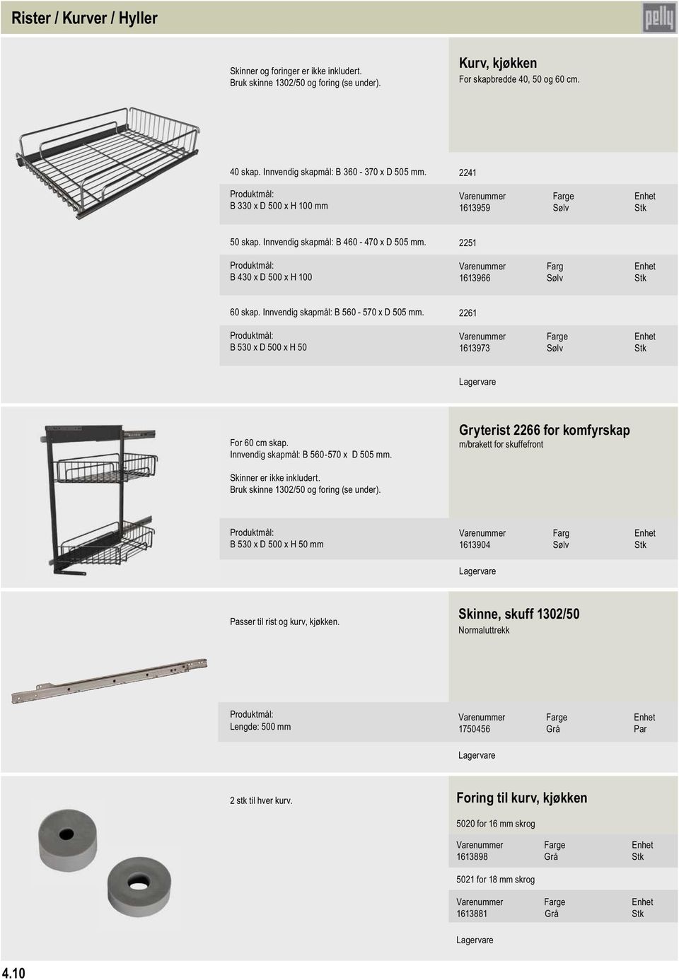 Produktmål: B 430 x D 500 x H 100 2251 Farg 1613966 Sølv Stk 60 skap. Innvendig skapmål: B 560-570 x D 505 mm. Produktmål: B 530 x D 500 x H 50 2261 1613973 Sølv Stk For 60 cm skap.