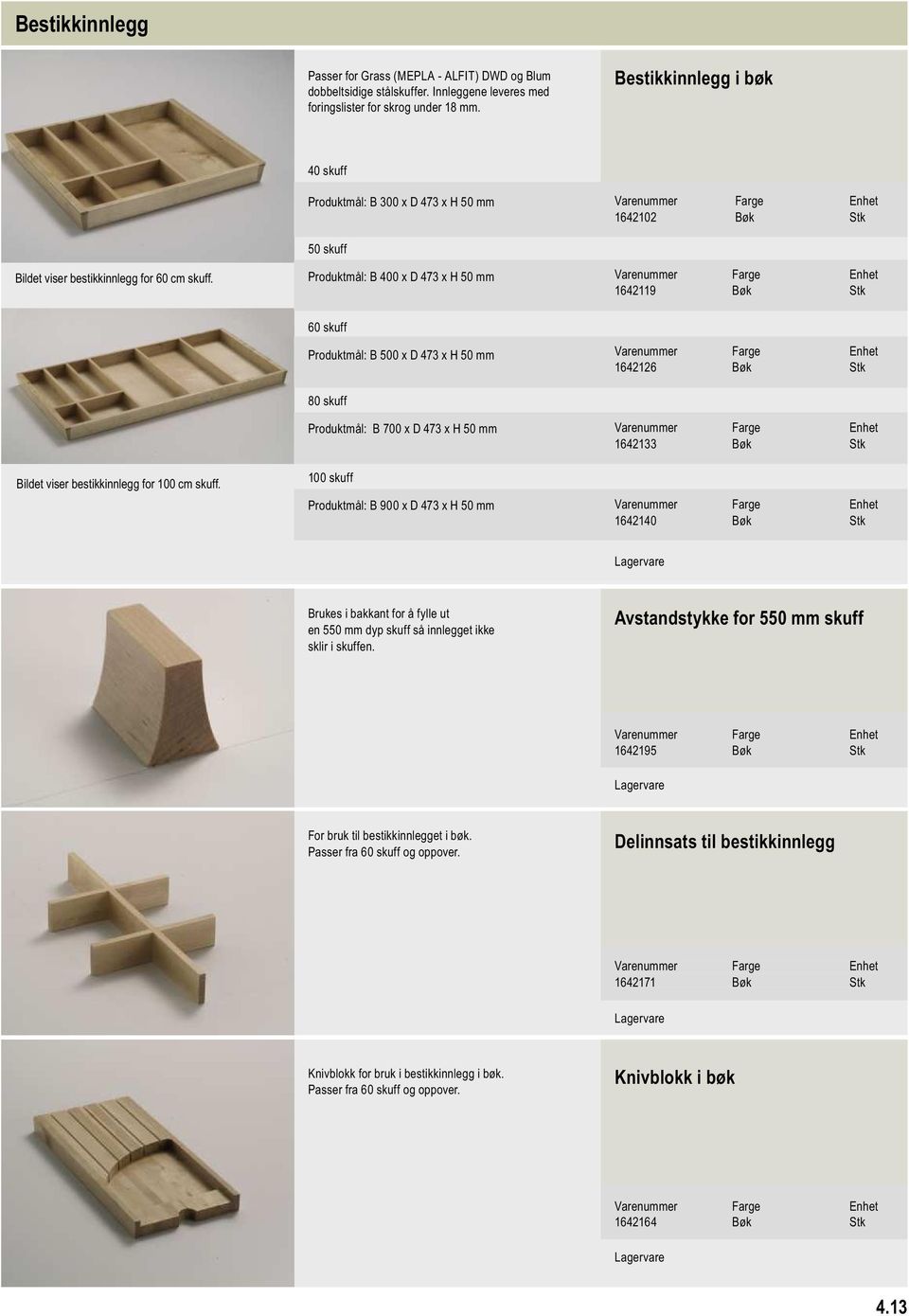 50 skuff Produktmål: B 400 x D 473 x H 50 mm 1642119 Bøk Stk Bildet viser bestikkinnlegg for 100 cm skuff.