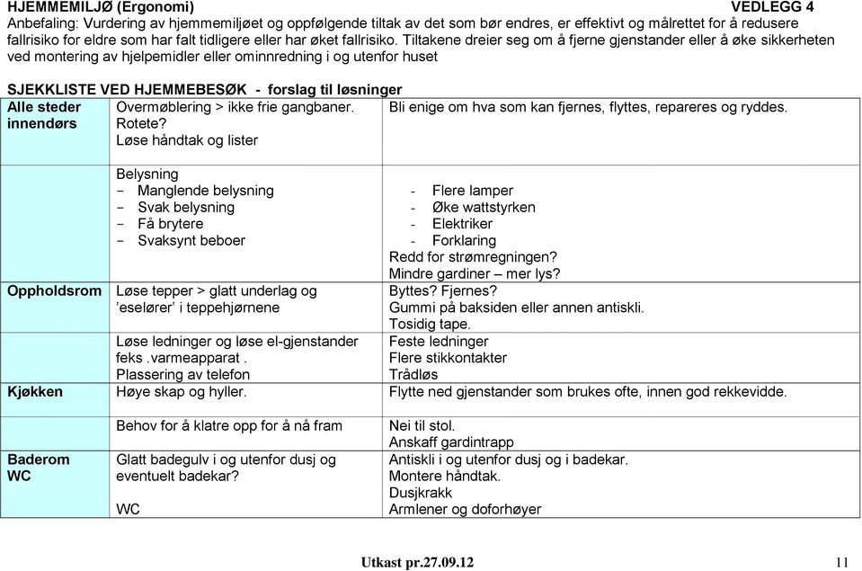 Tiltakene dreier seg om å fjerne gjenstander eller å øke sikkerheten ved montering av hjelpemidler eller ominnredning i og utenfor huset SJEKKLISTE VED HJEMMEBESØK - forslag til løsninger Alle steder