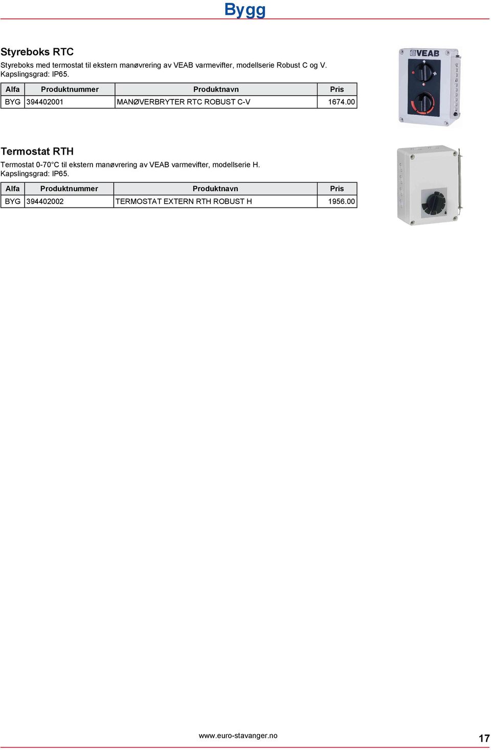 Alfa Produktnummer Produktnavn Pris BYG 394402001 MANØVERBRYTER RTC ROBUST C-V 1674.