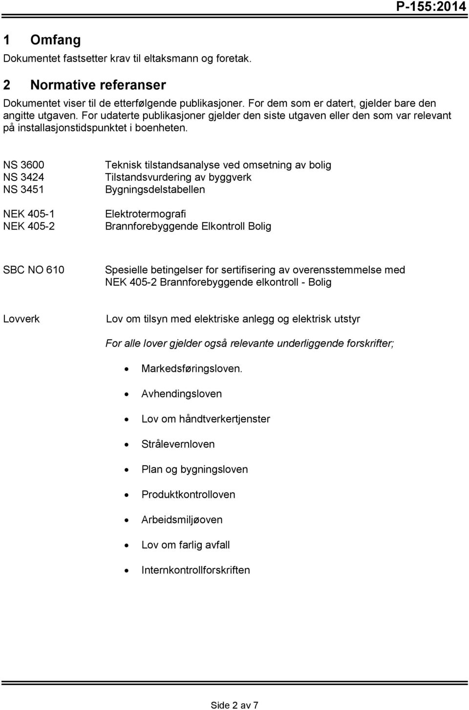 NS 3600 NS 3424 NS 3451 NEK 405-1 NEK 405-2 Teknisk tilstandsanalyse ved omsetning av bolig Tilstandsvurdering av byggverk Bygningsdelstabellen Elektrotermografi Brannforebyggende Elkontroll Bolig