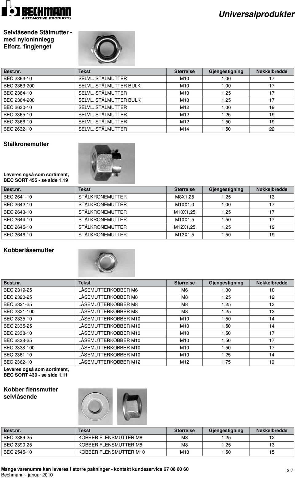 STÅLMUTTER M12 1,25 19 BEC 2366-10 SELVL. STÅLMUTTER M12 1,50 19 BEC 2632-10 SELVL. STÅLMUTTER M14 1,50 22 Stålkronemutter Leveres også som sortiment, BEC SORT 455 - se side 1.19 Best.nr.