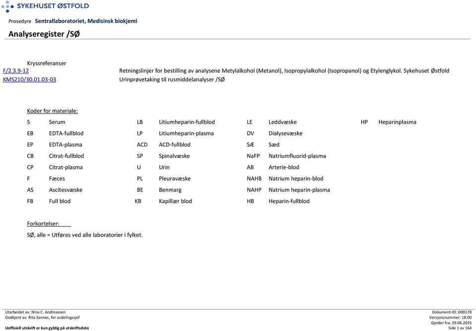 Sykehuset Østfold Urinprøvetaking til rusmiddelanalyser /SØ Koder for materia: S Serum LB Litiumheparin-fullblod LE Leddvæske HP Heparinplasma EB EDTA-fullblod LP Litiumheparin-plasma DV Dialysevæske