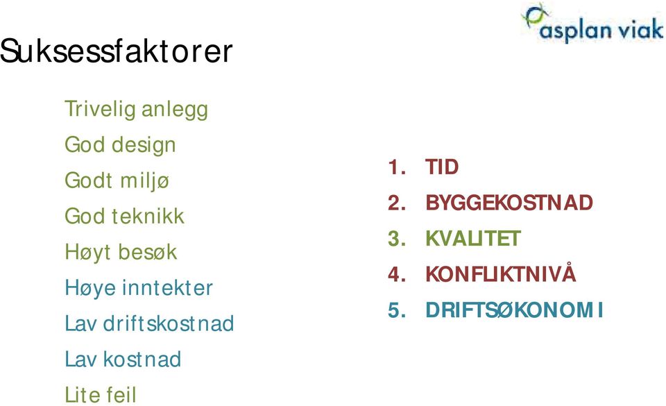 driftskostnad Lav kostnad Lite feil 1. TID 2.