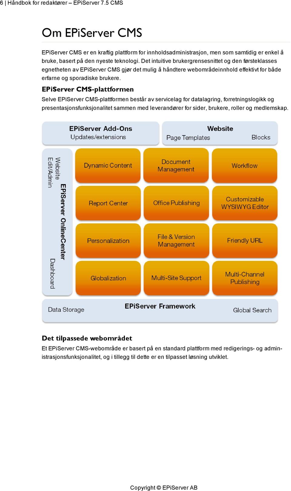 EPiServer CMS-plattformen Selve EPiServer CMS-plattformen består av servicelag for datalagring, forretningslogikk og presentasjonsfunksjonalitet sammen med leverandører for sider, brukere,