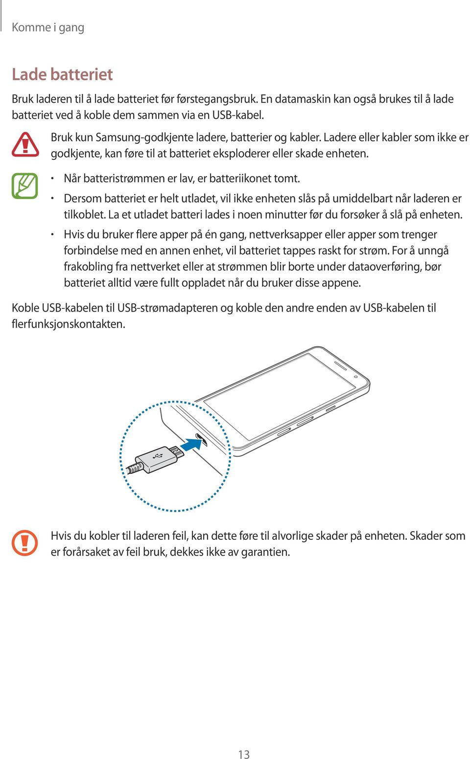 Når batteristrømmen er lav, er batteriikonet tomt. Dersom batteriet er helt utladet, vil ikke enheten slås på umiddelbart når laderen er tilkoblet.