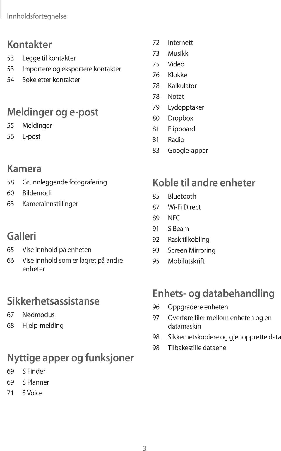 Finder 69 S Planner 71 S Voice 72 Internett 73 Musikk 75 Video 76 Klokke 78 Kalkulator 78 Notat 79 Lydopptaker 80 Dropbox 81 Flipboard 81 Radio 83 Google-apper Koble til andre enheter 85 Bluetooth 87