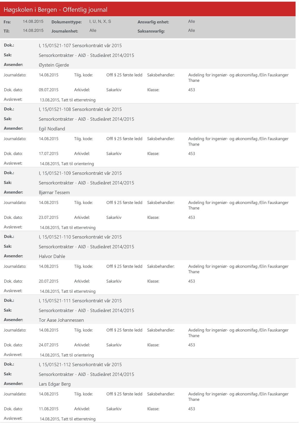 2015 Arkivdel: Sakarkiv, Tatt til orientering I, 15/01521-109 Sensorkontrakt vår 2015 Bjørnar Tessem Dok. dato: 23.07.