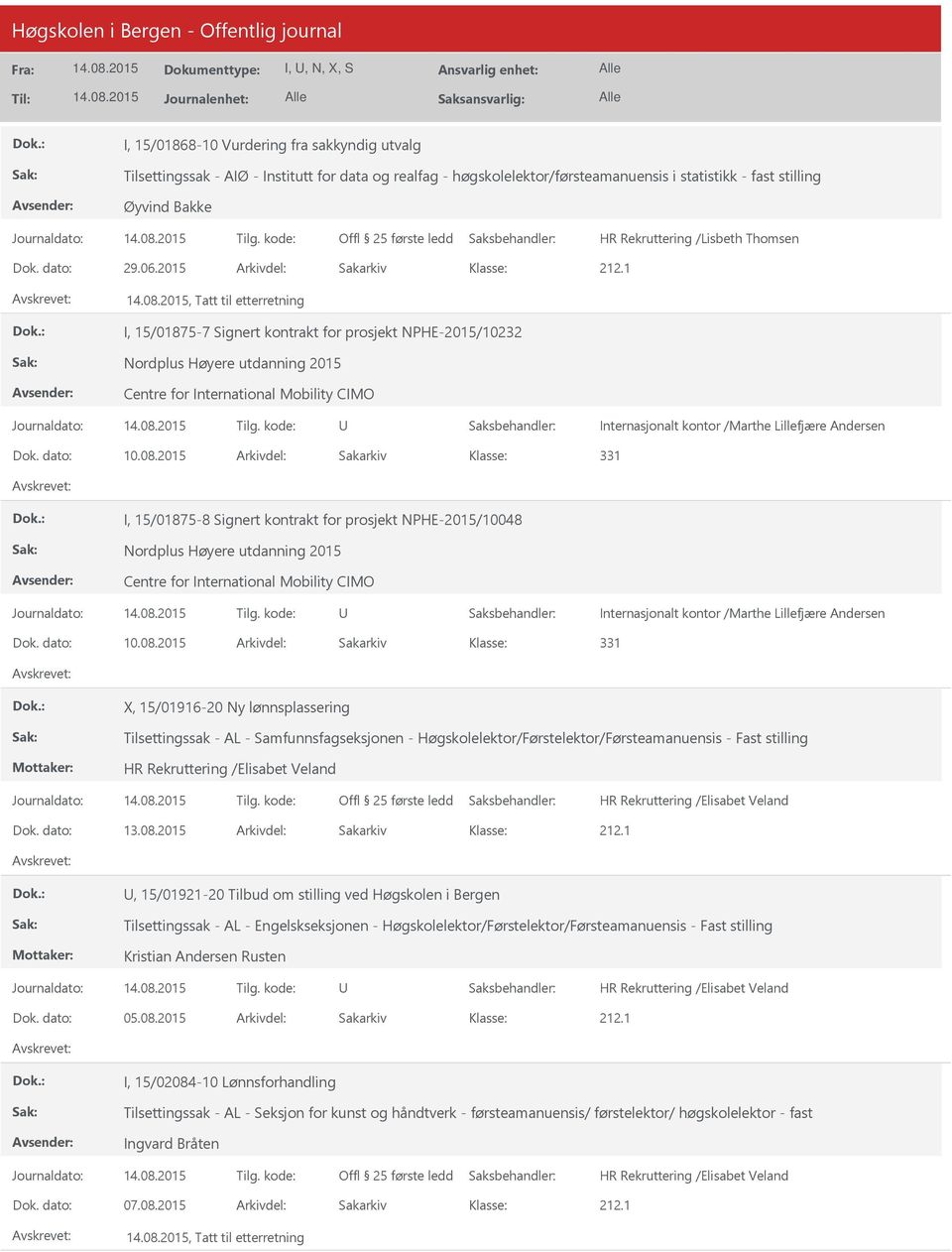 1, Tatt til etterretning I, 15/01875-7 Signert kontrakt for prosjekt NPHE-2015/10232 Nordplus Høyere utdanning 2015 Centre for International Mobility CIMO Internasjonalt kontor /Marthe Lillefjære