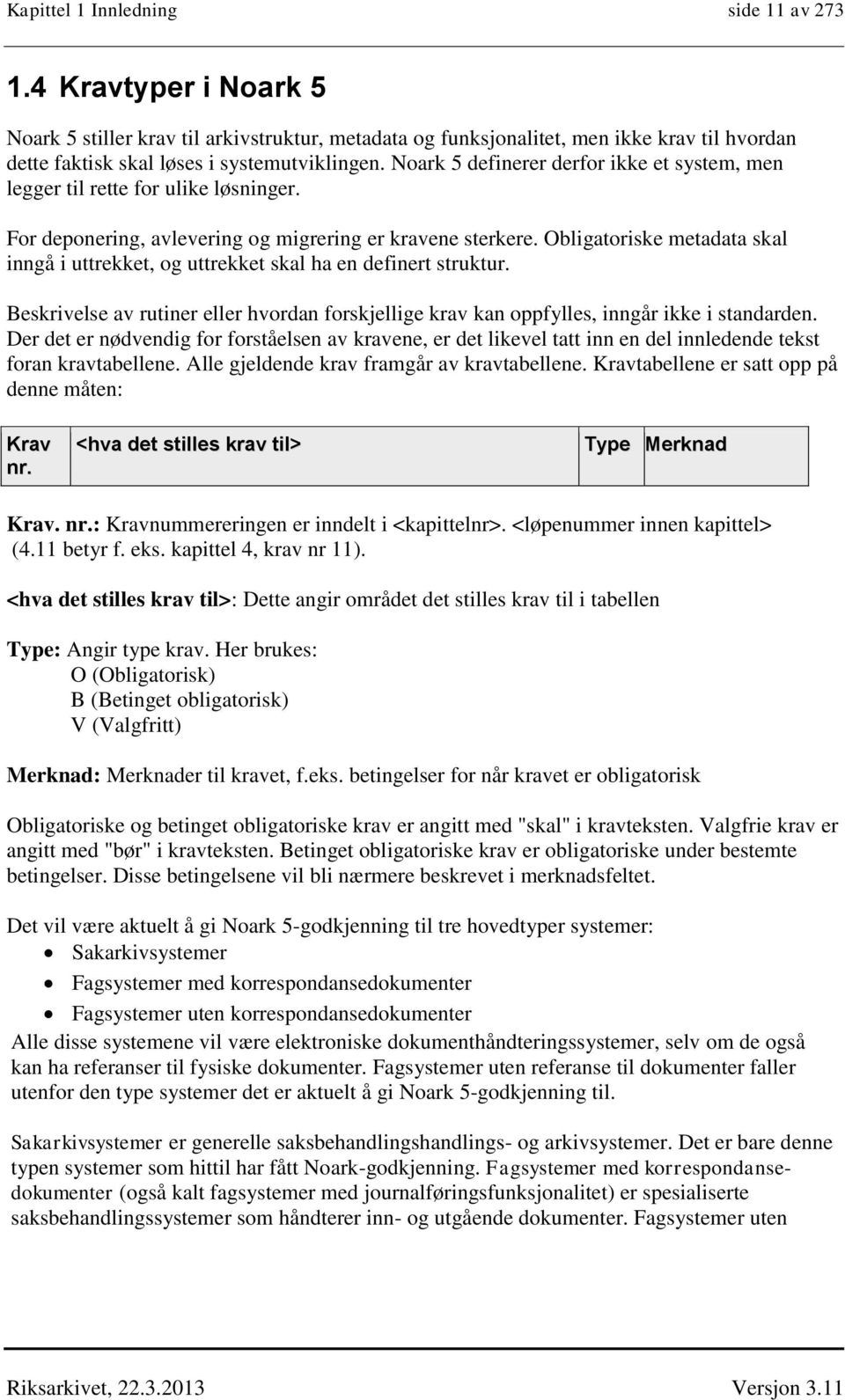 bligatoriske metadata skal inngå i uttrekket, og uttrekket skal ha en definert struktur. eskrivelse av rutiner eller hvordan forskjellige krav kan oppfylles, inngår ikke i standarden.