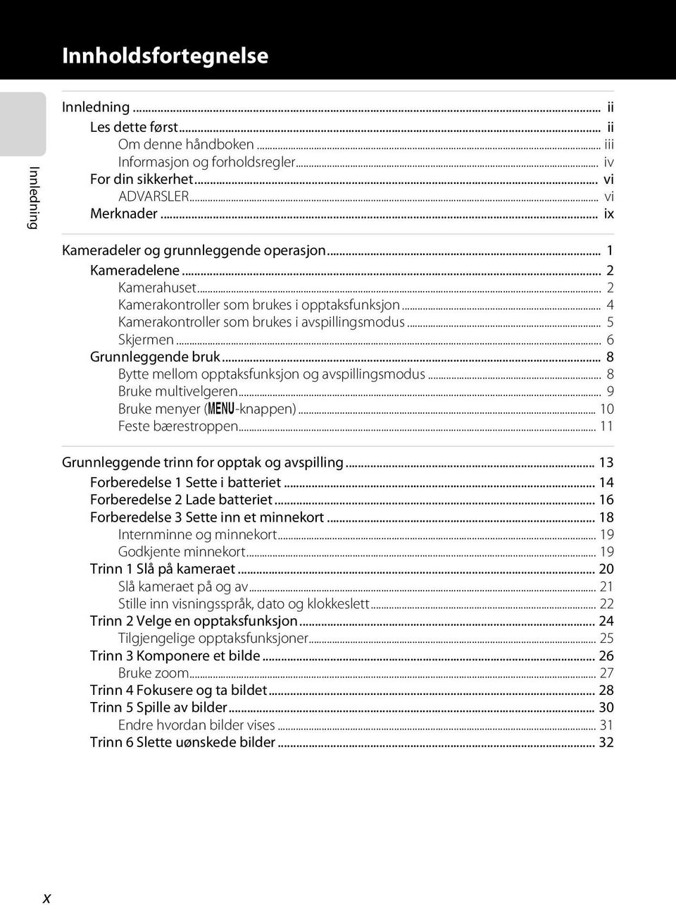 .. 6 Grunnleggende bruk... 8 Bytte mellom opptaksfunksjon og avspillingsmodus... 8 Bruke multivelgeren... 9 Bruke menyer (d-knappen)... 10 Feste bærestroppen.