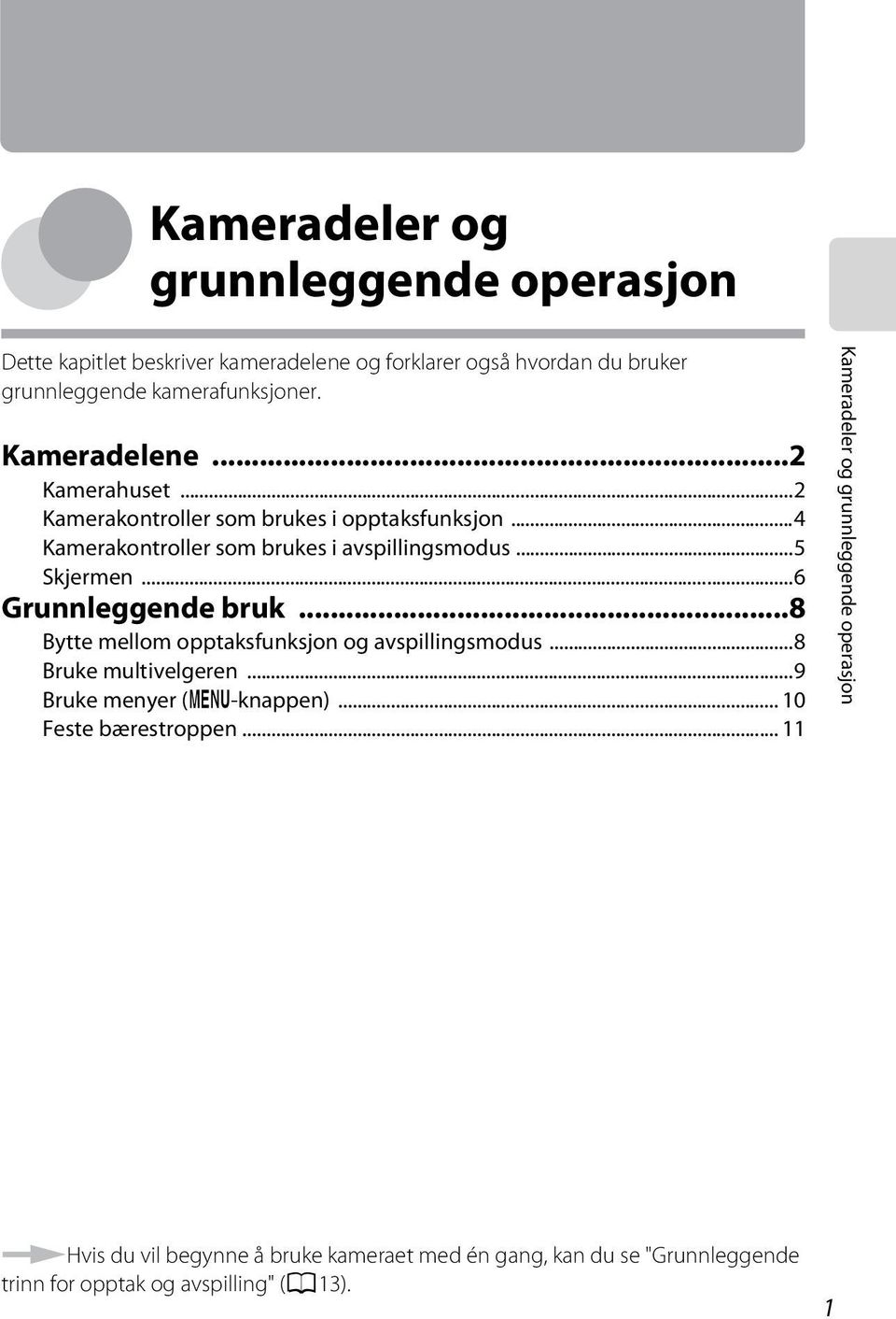 ..6 Grunnleggende bruk...8 Bytte mellom opptaksfunksjon og avspillingsmodus...8 Bruke multivelgeren...9 Bruke menyer (d-knappen).