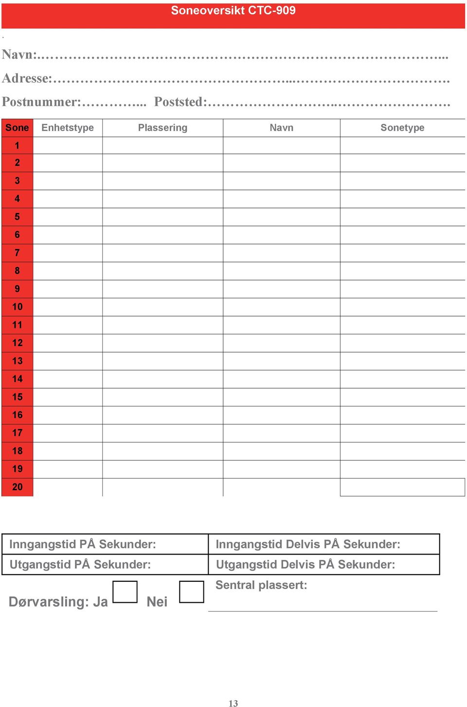 Location of sensor Sonetype Type (burglar / fire/ door / remote control) Inngangstid PÅ Sekunder: