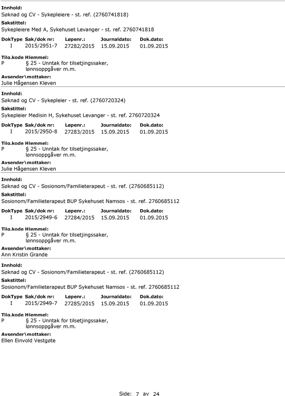 2015 Julie Hågensen Kleven Søknad og CV - Sosionom/Familieterapeut - st. ref. (2760685112) Sosionom/Familieterapeut B Sykehuset Namsos - st. ref. 2760685112 2015/2949-6 27284/2015 01.