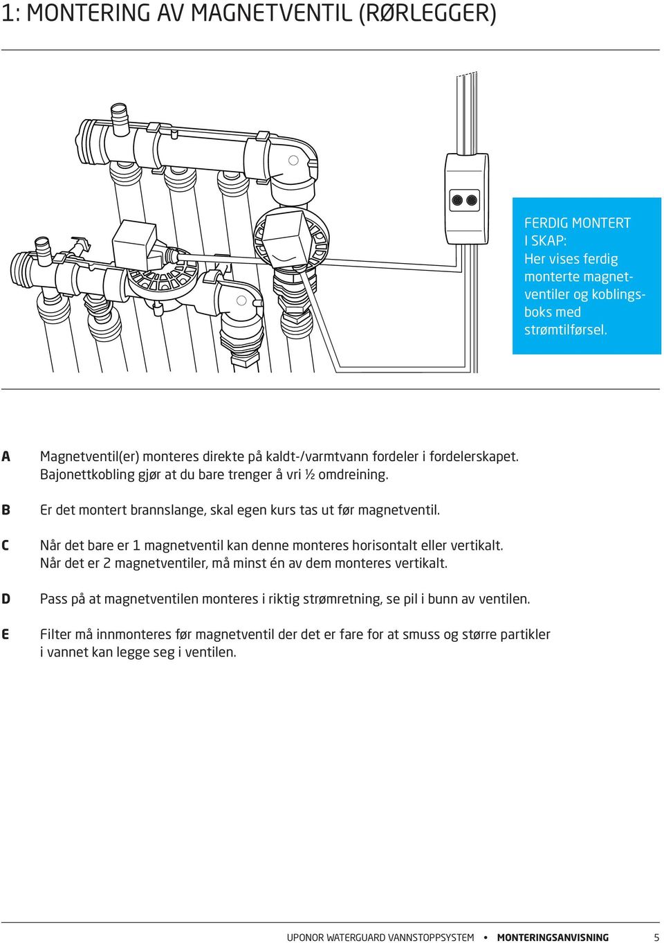 Er det montert brannslange, skal egen kurs tas ut før magnetventil. når det bare er 1 magnetventil kan denne monteres horisontalt eller vertikalt.