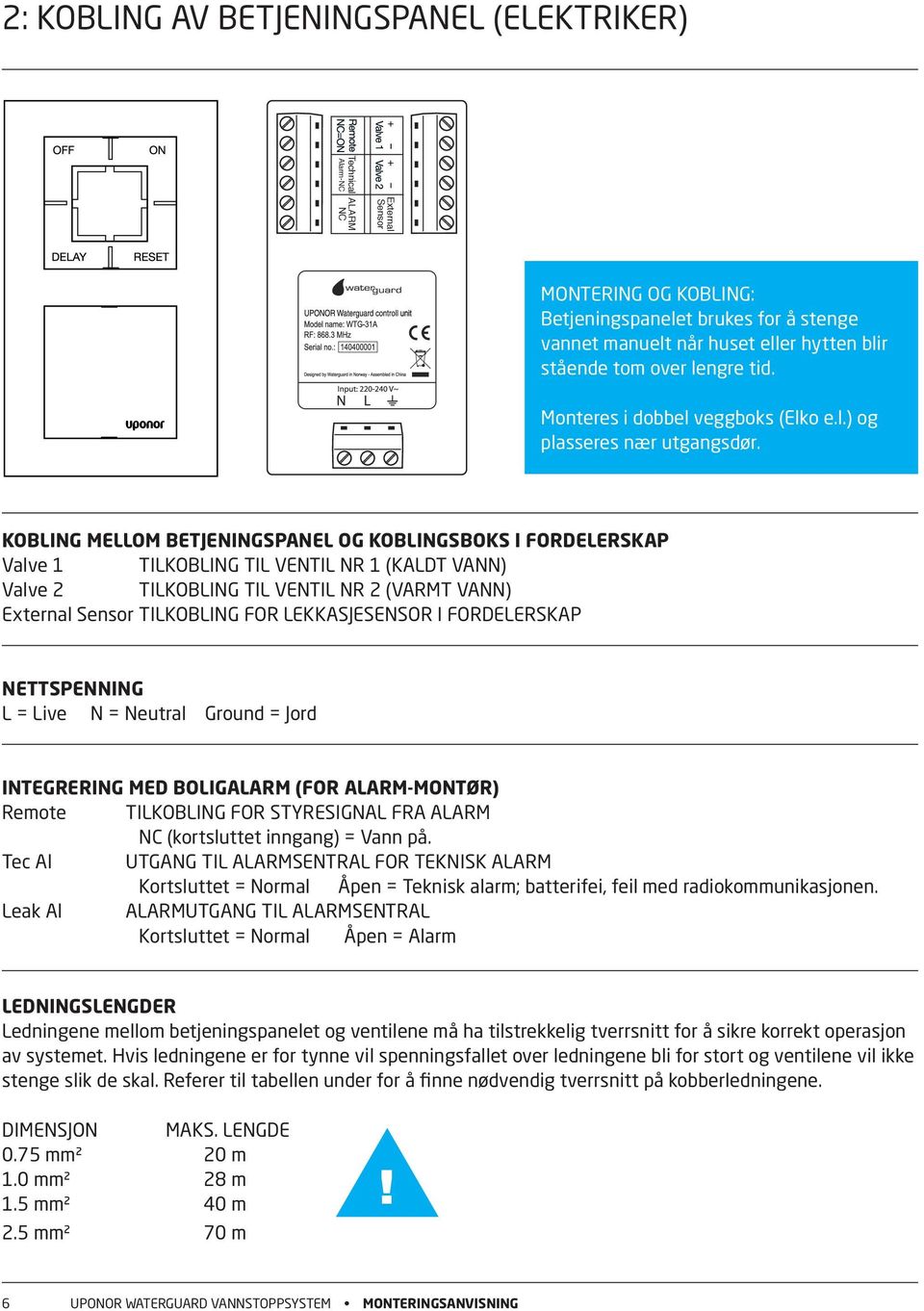 kobling mellom betjeningspanel og koblingsboks i fordelerskap Valve 1 Tilkobling til ventil nr 1 (kaldt vann) Valve 2 Tilkobling til ventil nr 2 (varmt vann) External Sensor Tilkobling for