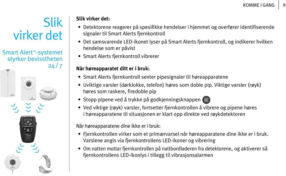 Smart Alerts fjernkontroll senter pipesignaler til høreapparatene Uviktige varsler (dørklokke, telefon) høres som doble pip.