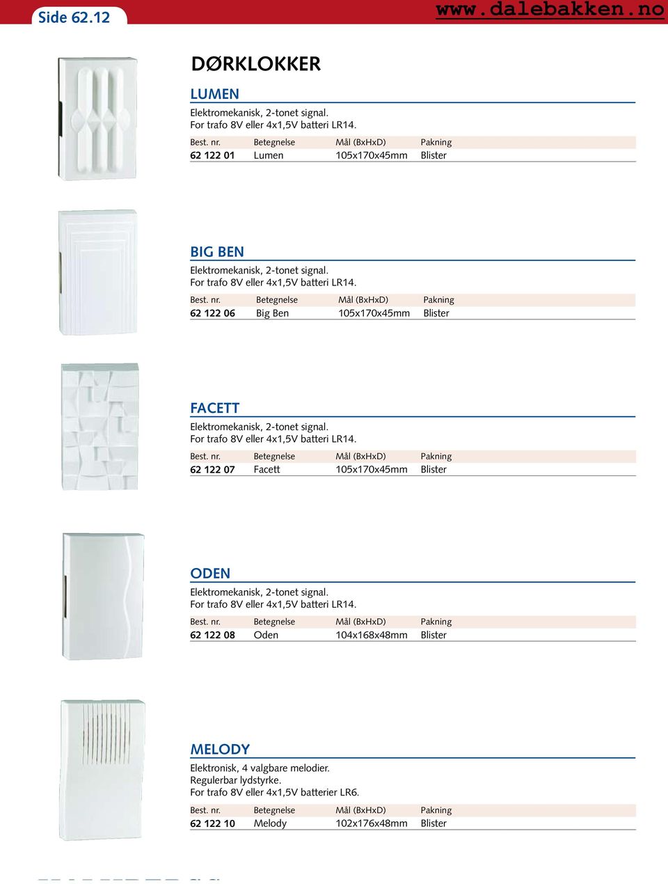 Mål (BxHxD) Pakning 62 122 06 Big Ben 105x170x45mm Blister FACETT Elektromekanisk, 2-tonet signal. For trafo 8V eller 4x1,5V batteri LR14.