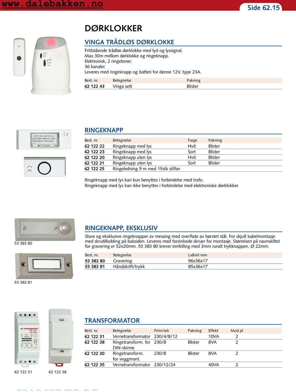 Pakning 62 122 43 Vinga sett Blister RINGEKNAPP Farge Pakning 62 122 22 Ringeknapp med lys Hvit Blister 62 122 23 Ringeknapp med lys Sort Blister 62 122 20 Ringeknapp uten lys Hvit Blister 62 122 21