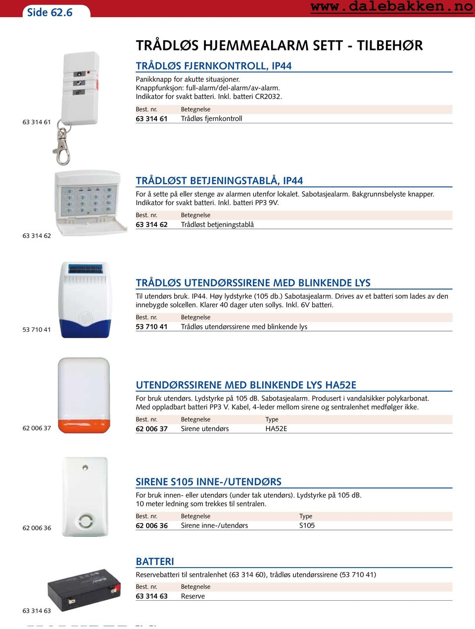 Indikator for svakt batteri. Inkl. batteri PP3 9V. 63 314 62 Trådløst betjeningstablå 53 710 41 TRÅDLØS UTENDØRSSIRENE MED BLINKENDE LYS Til utendørs bruk. IP44. Høy lydstyrke (105 db.
