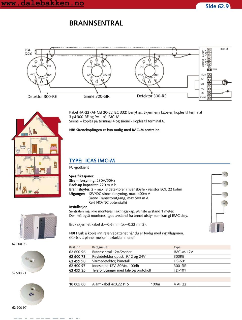 Detektor 300-RE Sirene 300-SIR Detektor 300-RE NC COM Kabel 4AF22 (AF CEI 20-22 IEC 332) benyttes.