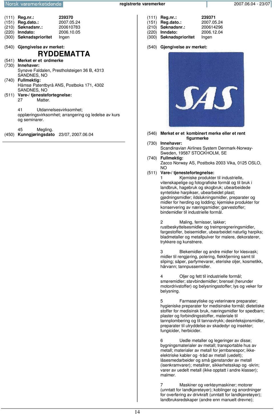 dato.: 2007.05.24 (210) Søknadsnr.: 200614296 (220) Inndato: 2006.12.04 41 Utdannelsesvirksomhet; opplæringsvirksomhet; arrangering og ledelse av kurs og seminarer. 45 Megling.