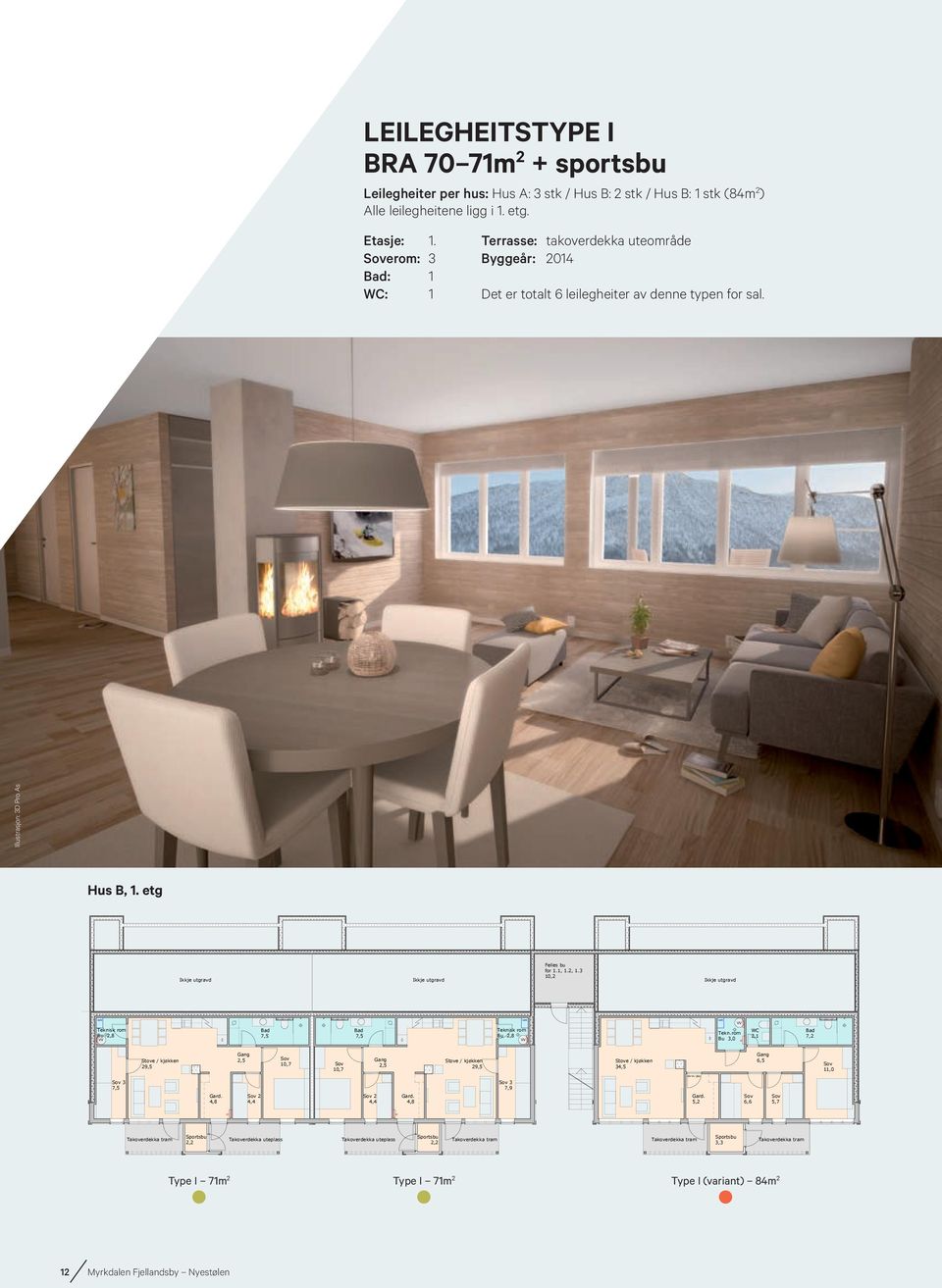 Målestokk Dato Signatur LEILEGHEITSTYPE I BRA 70 71m 2 + sportsbu Leilegheiter per hus: Hus A: 3 stk / Hus B: 2 stk / Hus B: 1 stk (84m 2 ) Alle leilegheitene ligg i 1.