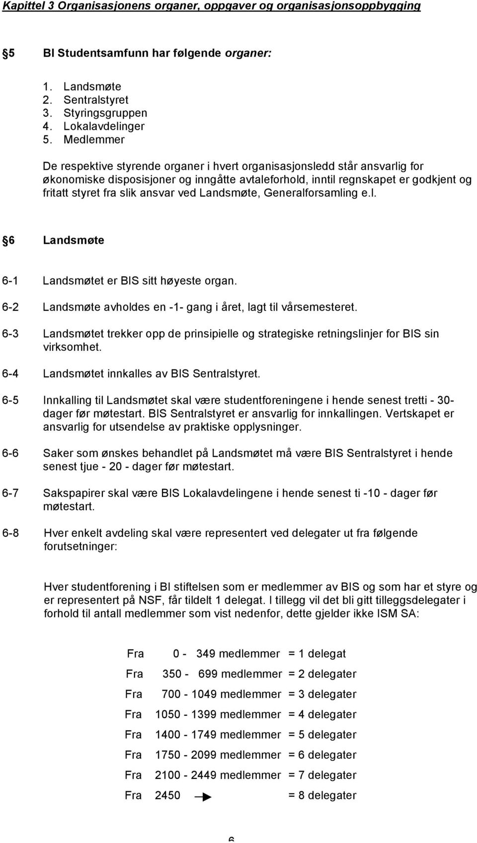 ansvar ved Landsmøte, Generalforsamling e.l. 6 Landsmøte 6-1 Landsmøtet er BIS sitt høyeste organ. 6-2 Landsmøte avholdes en -1- gang i året, lagt til vårsemesteret.